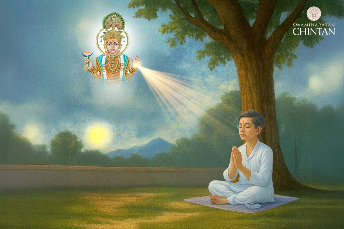 Young boy meditating under a tree, receiving divine light and blessings from Lord Swaminarayan in the sky – spiritual illustration by Swaminarayan Chintan.