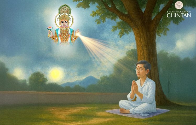 Young boy meditating under a tree, receiving divine light and blessings from Lord Swaminarayan in the sky – spiritual illustration by Swaminarayan Chintan.
