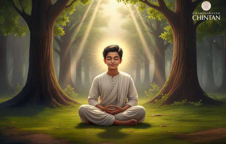Peaceful young boy meditating in a sunlit forest, surrounded by divine light – spiritual and nature-focused artwork from Swaminarayan Chintan.