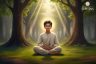 Peaceful young boy meditating in a sunlit forest, surrounded by divine light – spiritual and nature-focused artwork from Swaminarayan Chintan.
