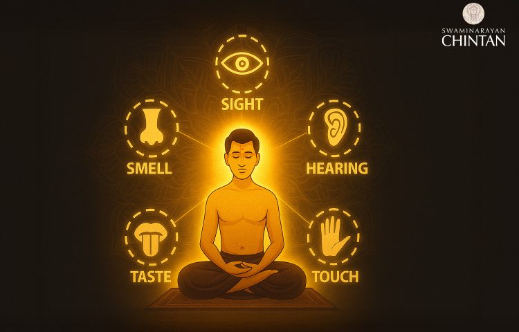 Spiritual illustration of a meditating man glowing with energy, surrounded by icons of five senses – sight, hearing, smell, taste, and touch.