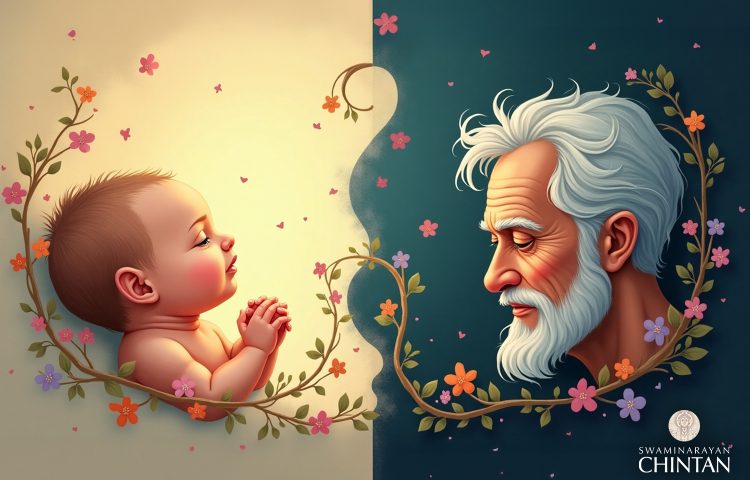 An artistic illustration of the life cycle, showing an innocent newborn baby surrounded by flowers on the left, and a serene, wise elderly man surrounded by flowers on the right.