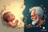 An artistic illustration of the life cycle, showing an innocent newborn baby surrounded by flowers on the left, and a serene, wise elderly man surrounded by flowers on the right.