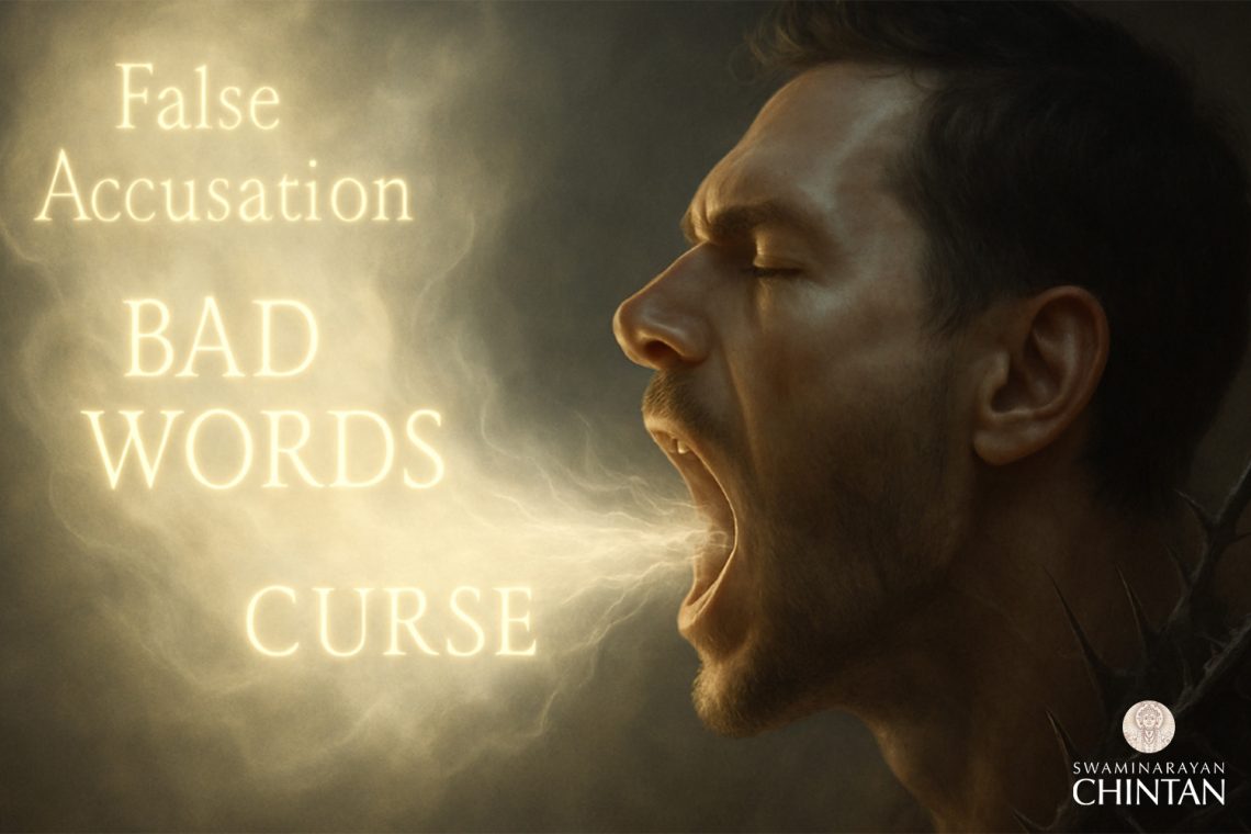 Man shouting with glowing words “False Accusation, Bad Words, Curse” symbolizing the harmful power of speech.