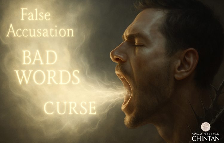 Man shouting with glowing words “False Accusation, Bad Words, Curse” symbolizing the harmful power of speech.